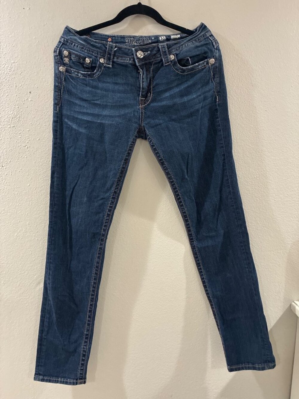 Miss Me medium-wash denim jeans embroidered flap pockets sequin rhinestone